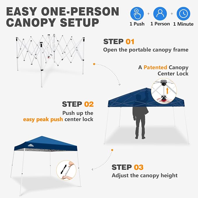 EAGLE PEAK 10x10 Slant Leg Pop-up Canopy Tent Easy One Person Setup Instant Outdoor Beach Canopy Folding Portable Sports Shelter 10x10 Base 8x8 Top (Dark Blue)