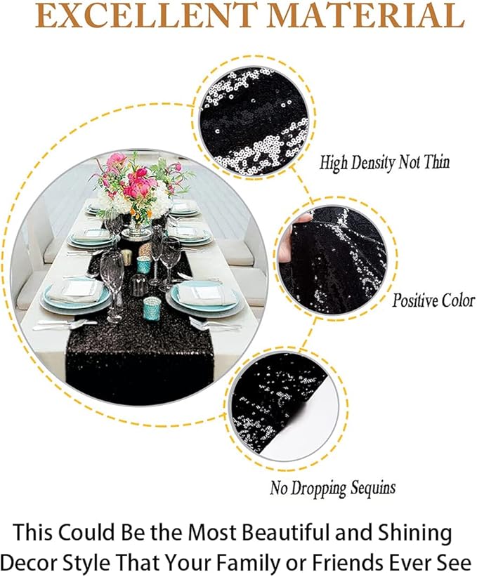 ShinyBeauty Black Table Runners Pack of 10 Home Decor Sequin Table Runner 12x108-Inches Wedding Graduation Party Supplies Baby Shower Birthday Tablecloth Runner for Tables