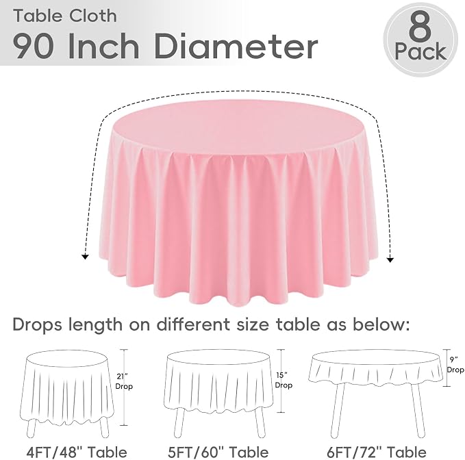 8 Pack Pink Round Tablecloth 90 Inch Pink Table Cloth for Round Tables,Washable Polyester Fabric Stain and Wrinkle Resistant Decorative for Summer Wedding Party Dining Banquet