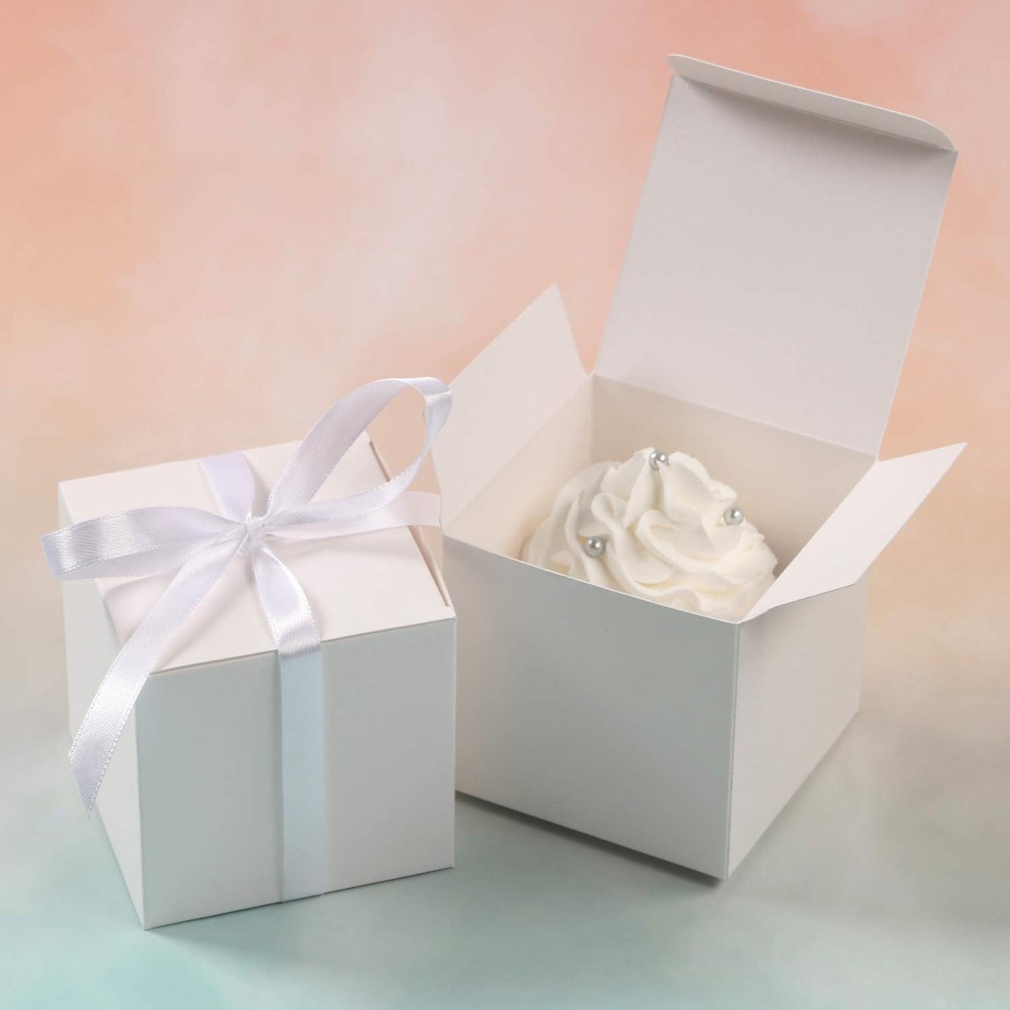 COTOPHER 100pcs Wedding Favor Boxes, Paper Gift Boxes 3x3x3 Inches Small Gift Boxes with Ribbons Small Boxes for Gifts, Crafting, Cupcake, Candy, Bridesmaid Proposal Boxes，Easy Assemble Boxes (White)