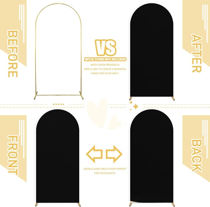 FUHSY Black Arch Cover Set of 2 Fitted Arch Covers Spandex Backdrop Covers Round Top Chiara Backdrop Stand Covers Double Sided Wedding Arch Stand Covers for Halloween Birthday Party Decor 6FT, 7.2FT