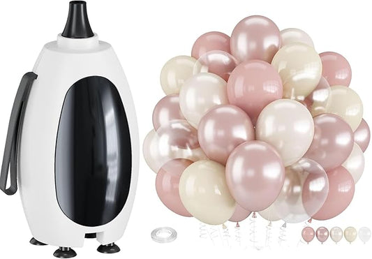 Electric Balloon Pump & Dusty Pink Balloons – Portable Balloon Inflator with 6 Nozzles and 12in Double Stuffed Blush, Pale Light Pink, and Pearl Clear Balloons for Women, Girls, Baby Shower, Br