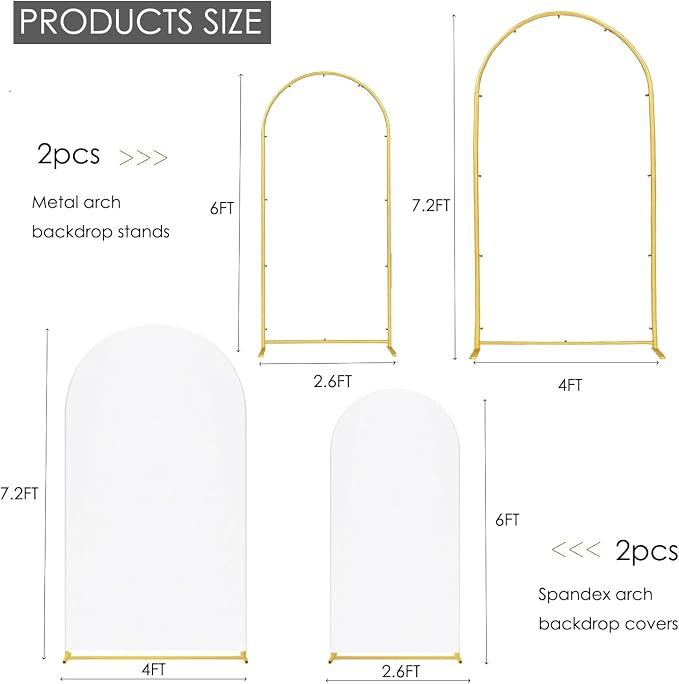 Wedding Arch Backdrop Stand and Cover 6FT/7.2FT Set of 2, White | Metal Arch Backdrop Stand, High Elasticity Arch Cover, For Wedding Birthday Baby Shower Celebration