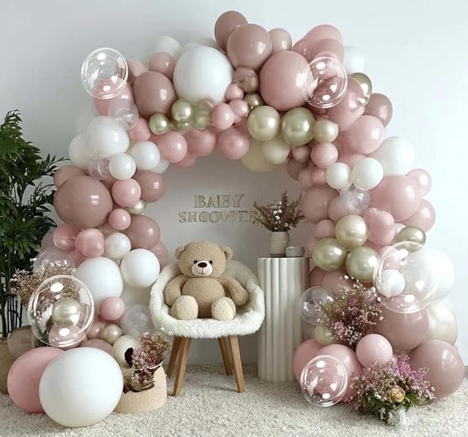 Dusty Pink White Beige Balloon Arch, Double Stuffed Pink Mauve Pearl White Nude Gold Balloon Garland Kit Boho Blush Cream Balloons for Birthday Baby Shower Bridal Wedding Mother's Day Party Decor