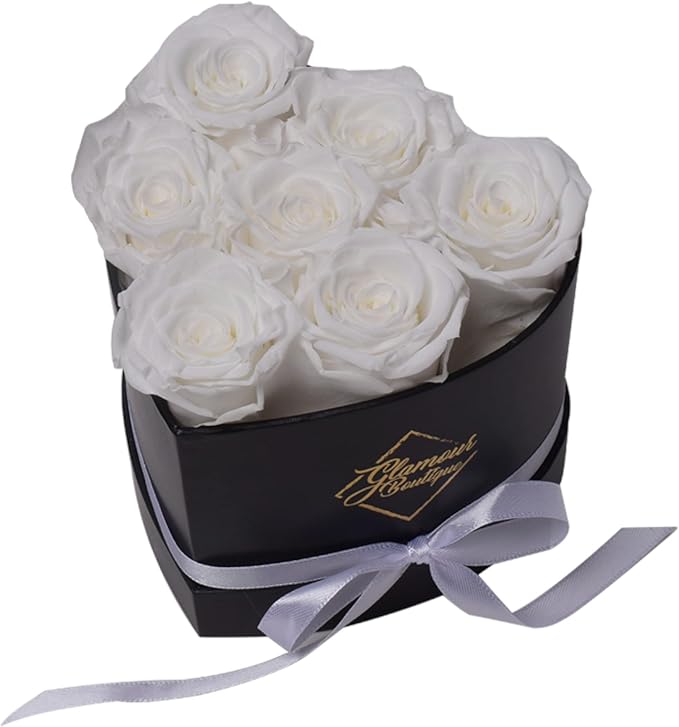 GLAMOUR BOUTIQUE 7 Flower Forever Heart Shape Box, Mothers Day Gift For Mom, Eternal Preserved Roses Gift for Her, Flowers bouquet, For Birthday, Anniversary, Girlfriend - White