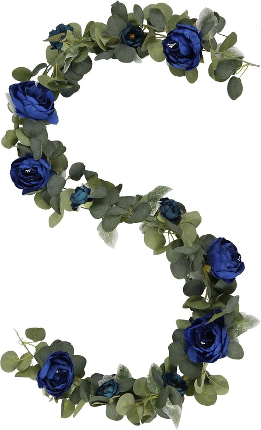 2 Pcs Royal Blue Artificial Peony Flower Garland 6.2ft/Piece Silk Faux Eucalyptus Greenery Garland with Peonies for Wedding Arch Backdrop Party Mantle Home Table Decoration (Royal Blue)