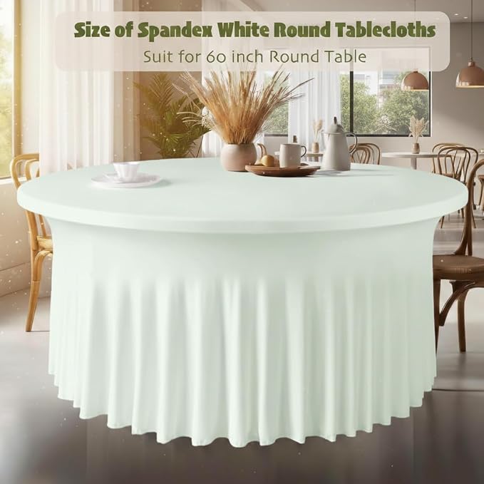 WJWHQ 10 Pack Ivory Green Round Spandex Tablecloths for 60in Tables, 120Inch Stretchy Fitted 5FT Round Table Clothes,Wrinkle Free Table Cover with Skirt for Wedding Party Dining Banquet