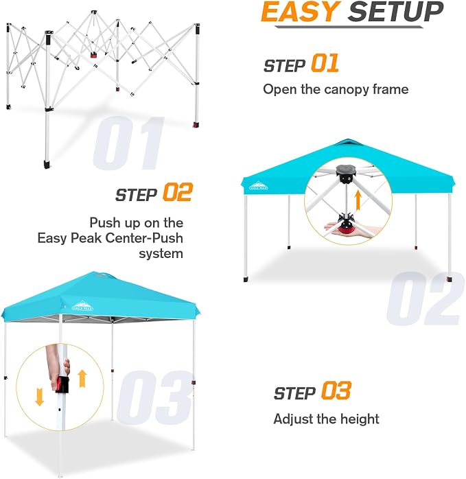EAGLE PEAK Pop Up Canopy Tent with Wheeled Carry Bag, 8 Stakes, 4 Ropes, Easy Set Up Tent Canopy, 6.6x6.6 ft, Light Blue