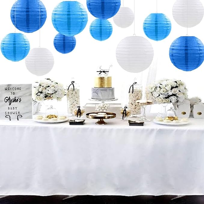 CC wonderland zone 12pcs Blue Hanging Paper Lanterns,Round Paper Lanterns for Birthday,Baby Shower,Wedding,Party,Home Ceiling Decoration（4" 6" 8" 10" ）