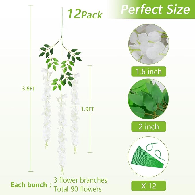 12Pcs Artificial Wisteria Hanging Flowers, 3.6Ft/Pcs White Fake Wisteria Garland for Wedding Party Home Garden Indoor Outdoor Decoration