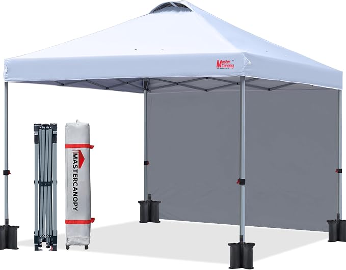 MASTERCANOPY 8x8 Pop Up Canopy Tent with 1 Sidewall, 1 Person Setup Instant Shelter, Outdoor Portable Beach Canopy, 1 Roller Bag, 4 Sandbags, 4 Ropes, 8 Stakes (8x8, White)