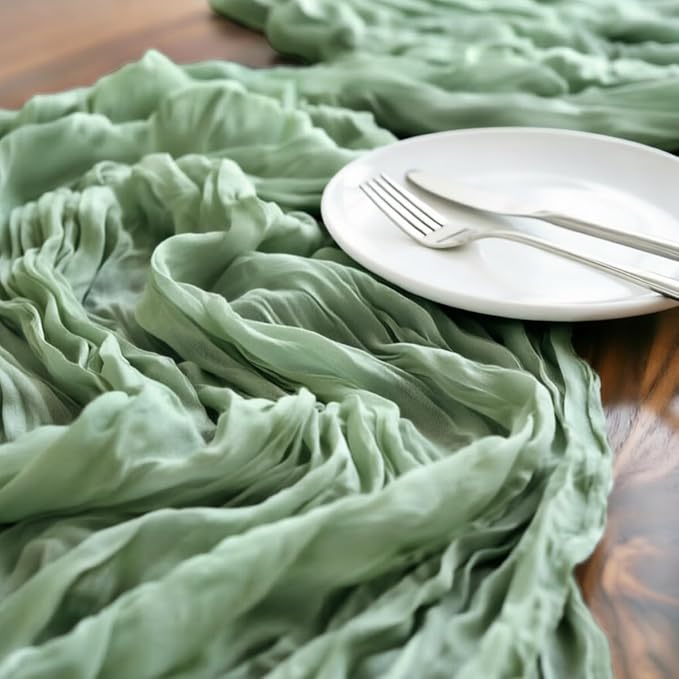 LINXTAR Sage Green Cheesecloth Table Runner 160 Inches 14Ft Gauze Summer Boho Table Runner for Wedding Tea Party Baby Shower Bridal Birthday Home Decoration