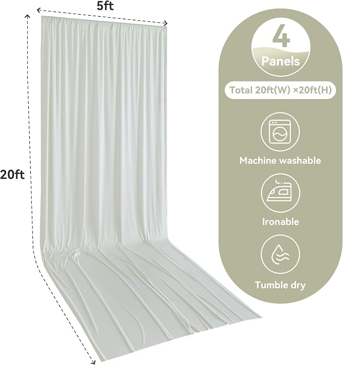 4 Panels 5x20ft Ivory Ceiling Drapes for Wedding Parties, Wrinkle Free Thick Polyester 20ft Extra Long Wedding Draping Ivory Ceiling Curtains Arch Drapery for Birthday Party Canopy Tent Decor
