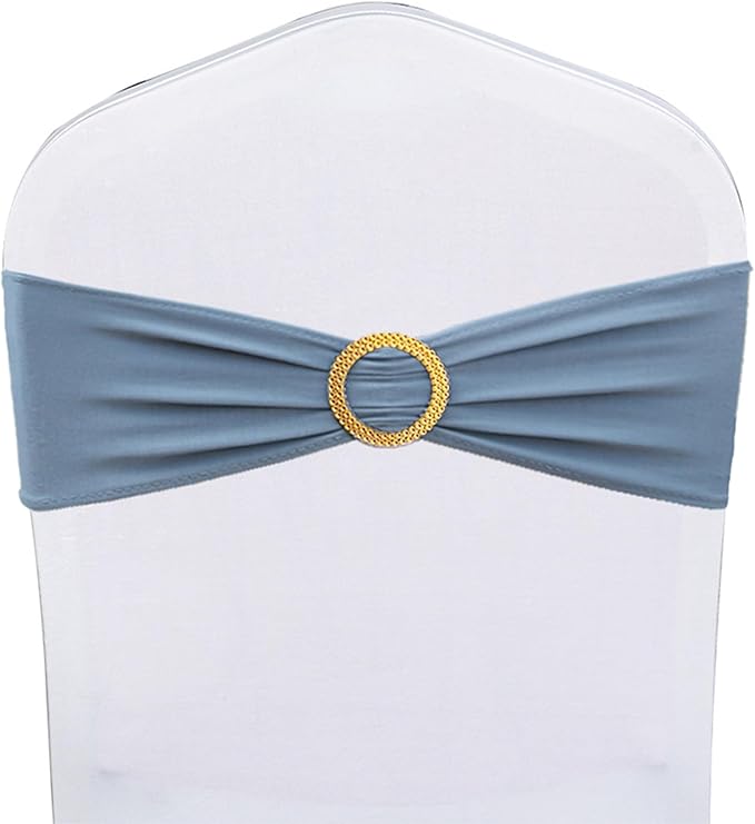 Pack of 50 Spandex Dusty Blue Chair Sashes with Gold Buckles, Stretch Chairs Bands Bows for Wedding Birthday Party Baby Shower Christmas Events Decorations (Dusty Blue Sashes, Gold Buckles)