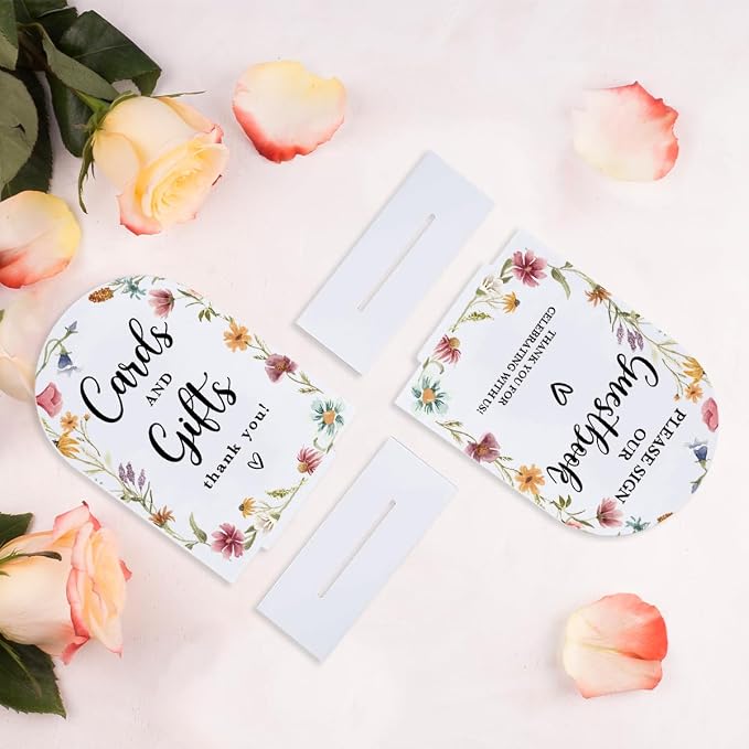 2 Pcs Acrylic Wedding Signs for Reception, Bridal Shower Decorations, Cards and Gifts Signs, Guest Book Sign, Arch Acrylic Table Top Sign with Holder for Wedding Reception (White Wildflowers)