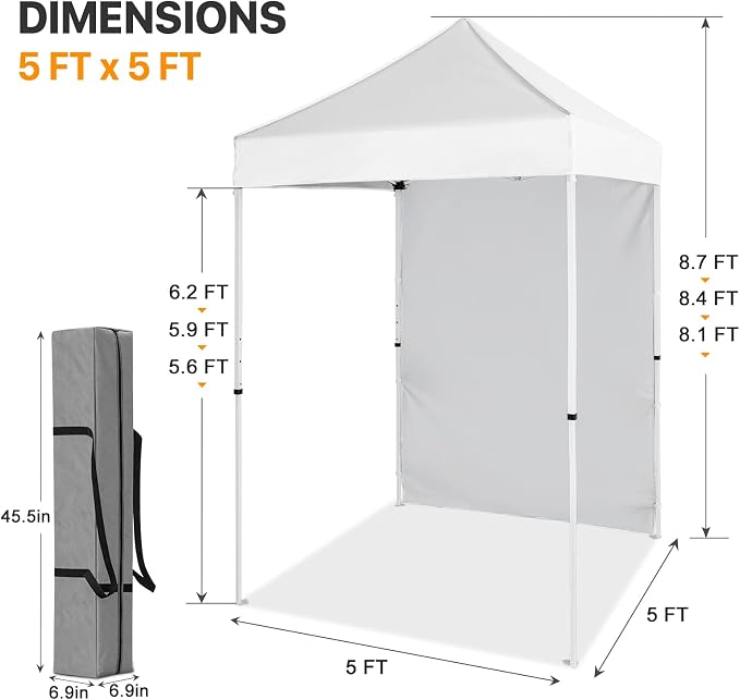 COOS BAY 5x5 Pop Up Canopy Tent with Side Wall, Easy Setup Portable Sun Shelter with Carry Bag, Outdoor Shade for Beach, Camping, Sports & Backyard, White