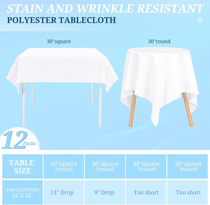 12 Pack White Square Tablecloths 52 x 52 Inch, White Polyester Table Cover for Square Table, Stain and Wrinkle Resistant Washable Fabric Table Cloth, Polyester Tablecloth for Restaurant Banquet Party