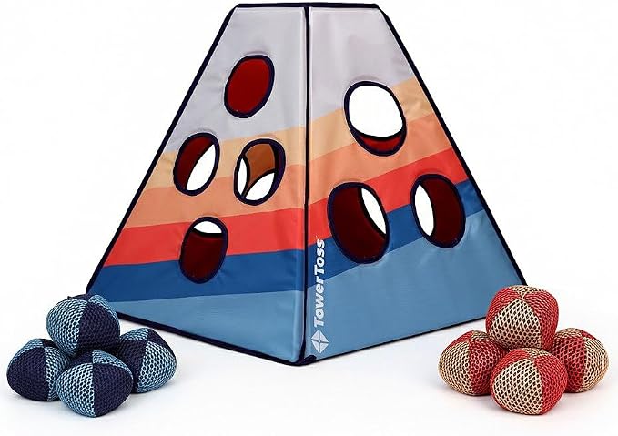 360° Portable Outdoor Toss Game, 4 Sided Folding Tower with 8 Bean Bags & Carry Case, Family Friendly Lawn Game for Beach, Tailgating & Backyard Fun - Ages 8+, 2-4 Players