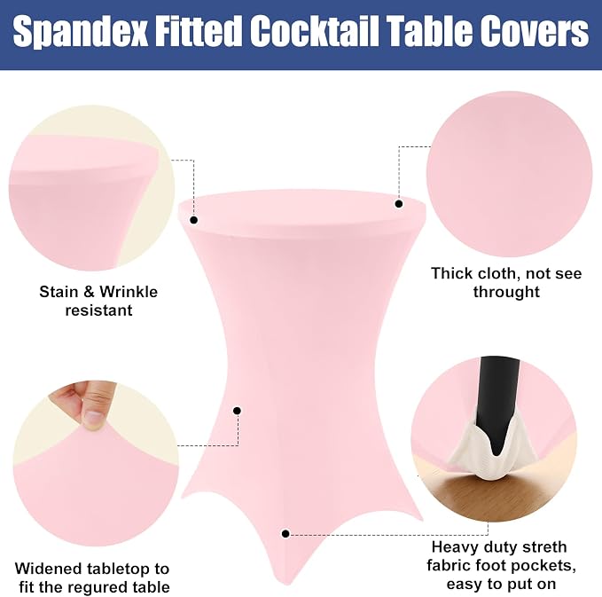 Moosfor Spandex Cocktail Table Covers 4 Pack, Elastic Fitted Stretch Table Cloth, Round High Top Tablecloths for Bar, Party, Pub, Wedding & Banquet (Pink, 32x43 Inch)