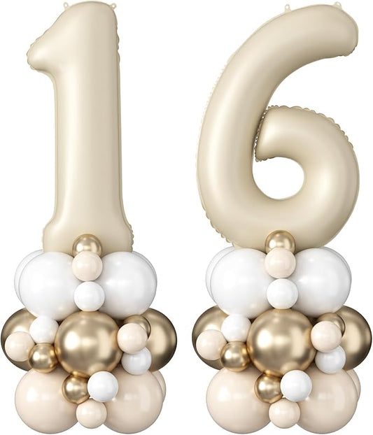 Cream Number 16 Balloons 40 Inch Beige 16th Birthday Party Decorations Neutral Nude White Sand Number 61 Foil Balloon Tower Giant Large Digit Helium Balloon for Girls Boys Women Men 61st Anniversary