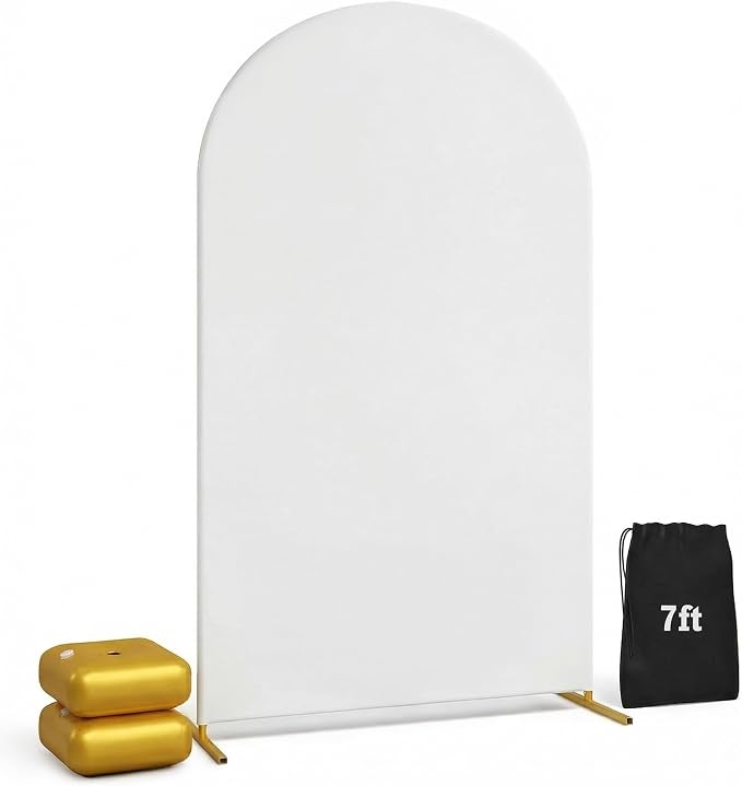 7.2FT Gold Wedding Backdrop Arch Stand with White Spandex Cover – Metal Frame, Water Weights & Storage Bag – Party, Birthday, Baby Shower, Bridal Shower, Wedding Ceremony, Photo Booth Decor