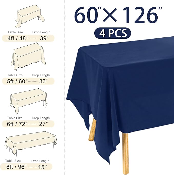 4 Pack Rectangle Tablecloth 60x126 Inch Navy Blue Washable Polyester Table Cover for Wedding Dining Table Buffet Parties Banquet Decor