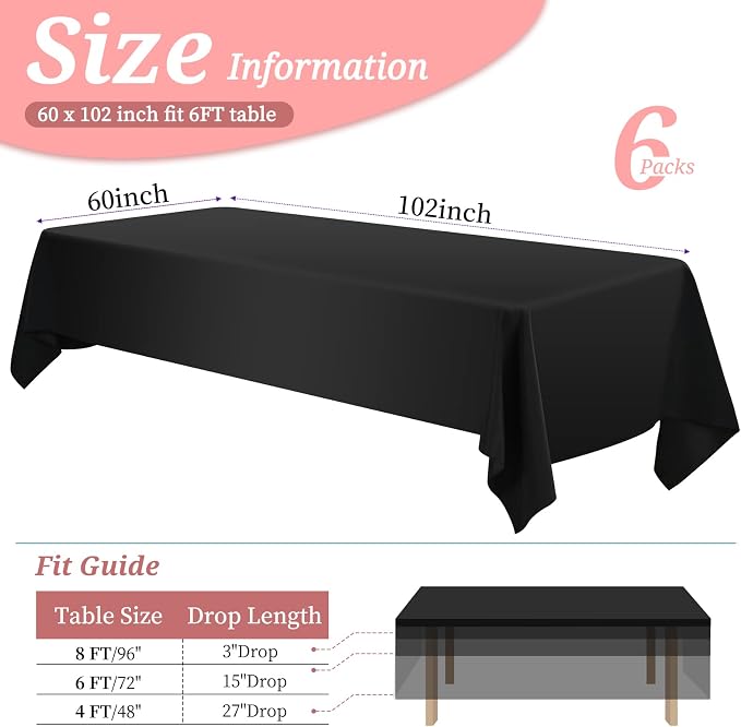 YMHPRIDE 6 Pack Polyester Tablecloth for 6 Foot Rectangle Tables,60 x102 inch Black Polyester Table Covers, Washable Black Table Cloth for Wedding,Party,Banquet,Restaurant,Buffet