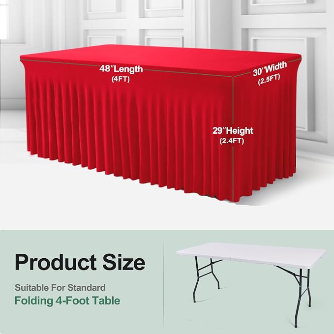 BDDC One-Piece Spandex Table Cover Skirt for 4FT Rectangle Tables | GRS-Certified Eco-Friendly Fabric, Elastic Fitted Ruffle Tablecloth, Washable, For Banquets, Weddings & Parties