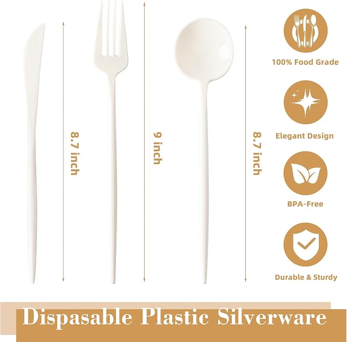 180PCS Ivory Plastic Silverware,Heavy Duty Disposable Utensils Include 60 Forks,60 Spoons and 60 Knives,Ivory Cutlery Plastic Silverware Sets for Party, Birthday,Wedding