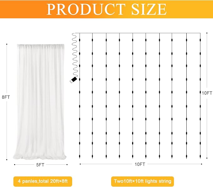 Fomcet Tulle Curtains with Lights String Ivory 20FT X 8FT Sheer Backdrop Curtains for Parties Wedding Baby Shower Photo Shoot Decorations (4 Panels 5x8FT)