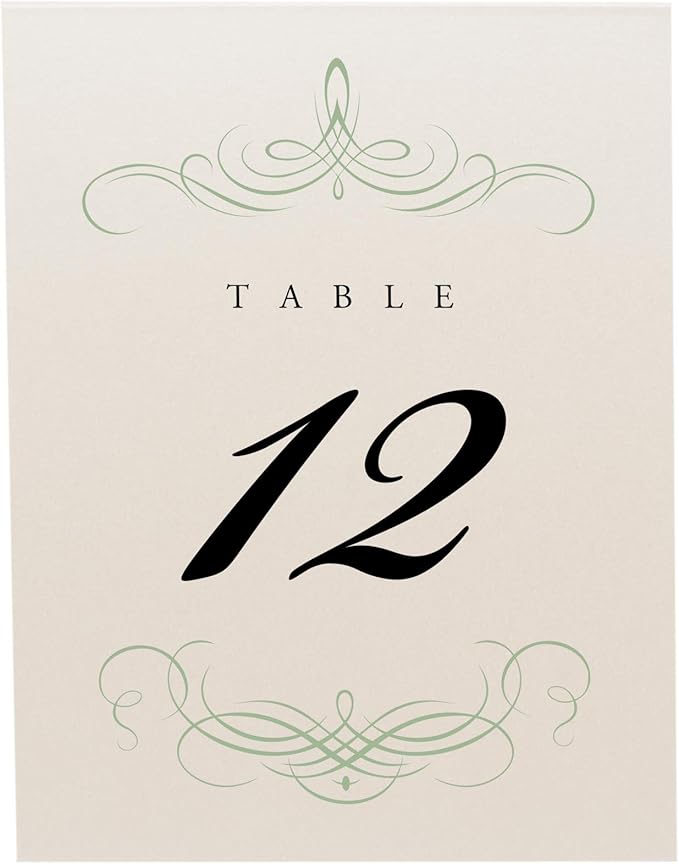 Decadent Flourish Wedding Table Numbers (Select Color/Quantity), Champagne, Sage, 1-125, Double Sided, Tent or Use in a Stand, Great for Parties & Restaurants - Made in the USA