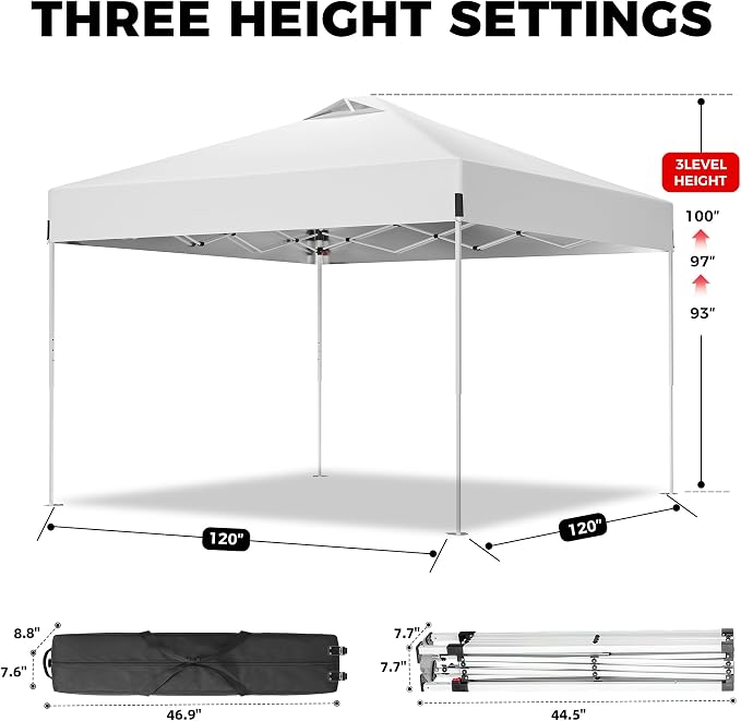 10x10 Pop Up Canopy One Push Setup Portable Heavy Duty Outdoor Beach Tent with 3 Heights & 4 Sandbags Sun Shade with Rolling Bag for Events Parties Camping, White