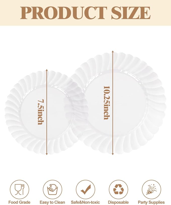 YOUBET 60PCS Clear Scalloped Plastic Plates - Premium Hard Disposable Facny Plastic Plates include 30 Dinner Plate, 30 Dessert Plate for Party & Wedding