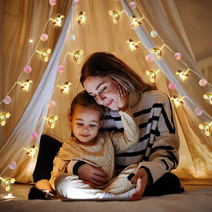 9.85 Feet Pom Pom Unicorn Rainbow String Lights, Auto Timer & 8 Flash Modes, 20 LED Battery Operated Fairy Lights for Kids Bedroom Play Tent Girls Birthday Baby Shower Holiday Christmas Decoration