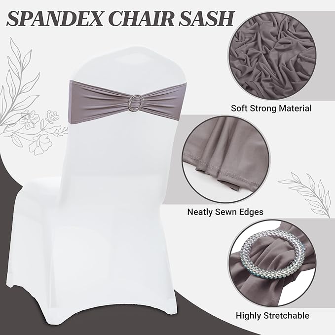 VDS - Silver Grey | Spandex Chair Sashes Bows | 200 PCS | Stretch Elastic Banquet Universal Folding Chair Band Tie with Silver Buckle Slider for Wedding Party Conference Celebration Event Decoration