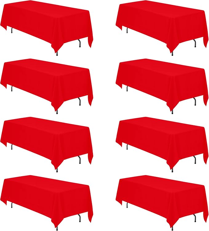 BRILLMAX 8 Pack Red Tablecloths 70 x 120 Inch for 6ft & 8ft Rectangle Tables - 150 GSM Polyester Fabric, Universal Fit, Water, Stain & Wrinkle Resistant Cloth Cover for Wedding Reception Banquet