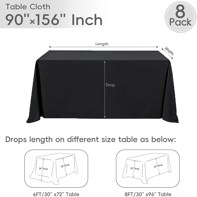 8 Pack Black Tablecloth 90 x 156 Inch Rectangular Table Cloth for 8 Foot Rectangle Tables, Wrinkle Resistant Washable Polyester Fabric Table Covers for Wedding Party Banquet Buffet and Camping