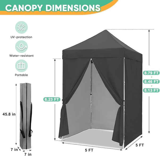 5x5 Pop Up Canopy Tent with Four Sidewalls, Instant Portable Beach Canopy, Outdoor Tent with Carry Bag for Camping, Sports, Tailgating, Events, Gray