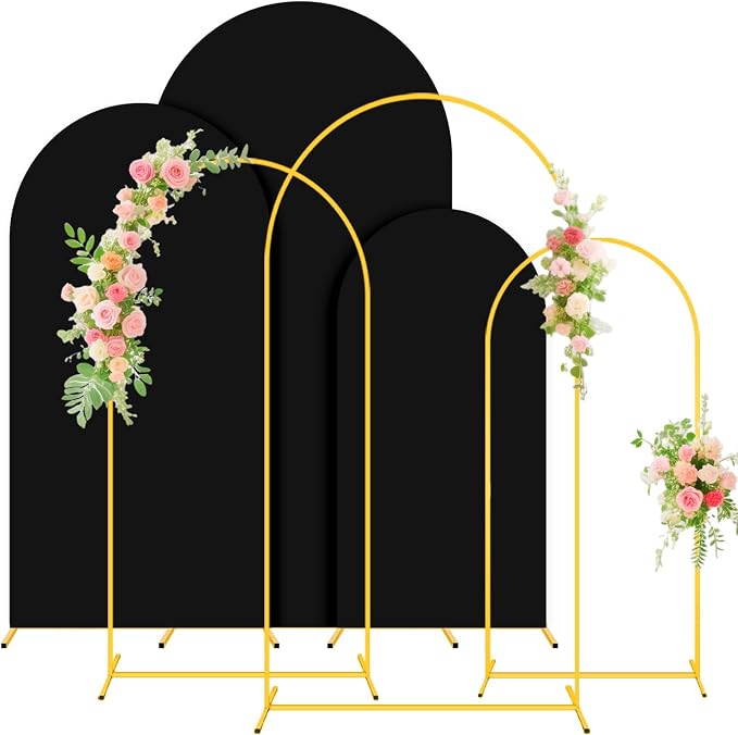 FUHSY Metal Arch Backdrop Stand and Cover Set 6FT, 6.6FT, 7.2FT Black Arch Cover Set of 3 Wedding Backdrop Arch Stands Chiara Arched Frame with Covers for Birthday Party Baby Shower Decor