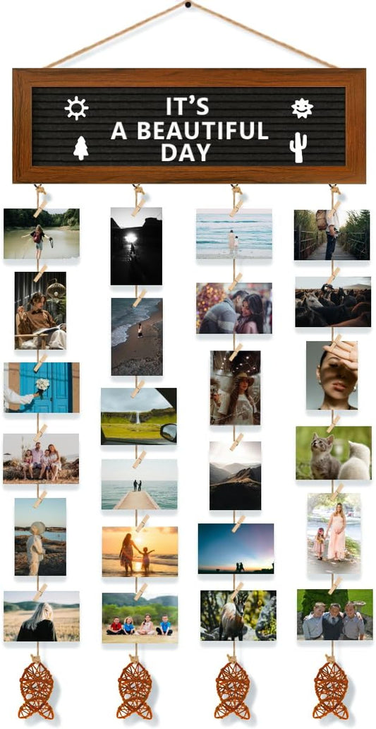CJIAWYS Hanging Photo Display Wall Decor, Picture Frames Collage Felt Letter Board with 270 Letters and 30 Clips, DIY Boho Dorm Room Decor for Wall, Mothers Day Party Birthday Gifts