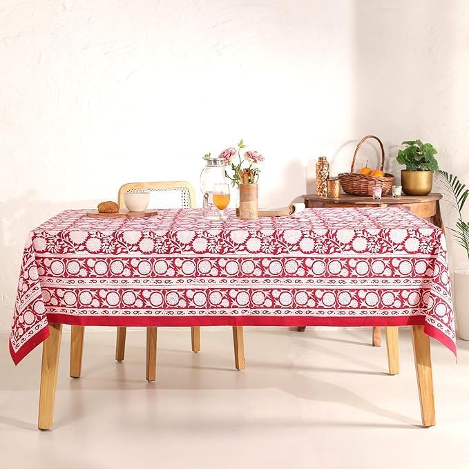 Hand Block Printed Tablecloth, Colorful Floral Print, Indian Artisan Handmade Art, Dining Room, Kitchen, Outdoor Décor, (Cloudy Red Grace, 12 Seater 72 x 135 Inches Rectangle)