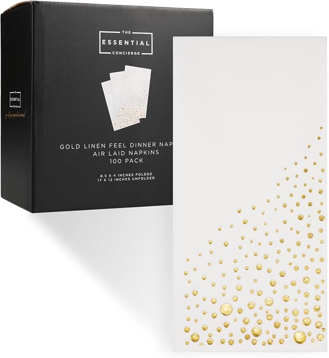Stylish White and Gold Napkins for Party, 100 Linen Feel Disposable Dinner Napkins, 8.5x4.25" Gold Hand Towels for Bathroom, Cloth Like Linen Feel Guest Towels for Wedding, Reception or Event