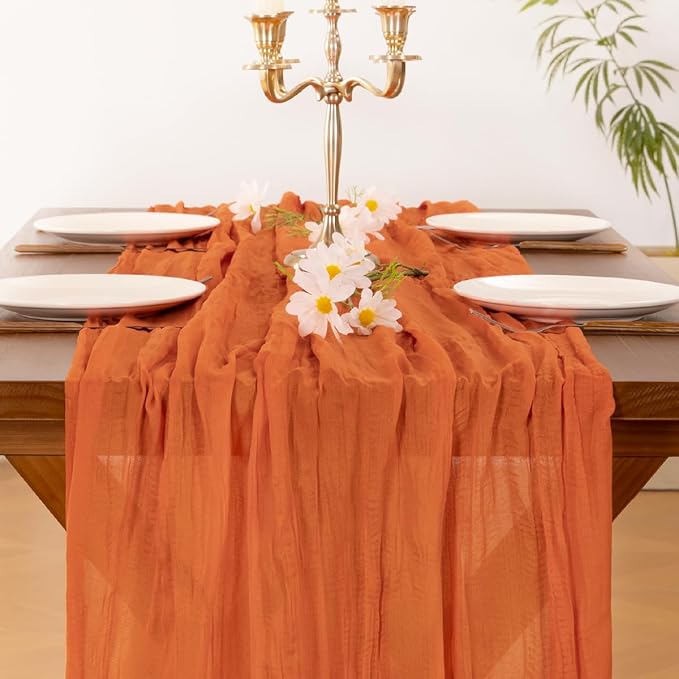 Socomi 2pcs Orange Cheesecloth Table Runner Summer Boho Rustic Gauze 120 inch 10FT Cheese Cloth Sheer Runner for Wedding Party Baby Shower Birthday Home Decor Holiday Decorations