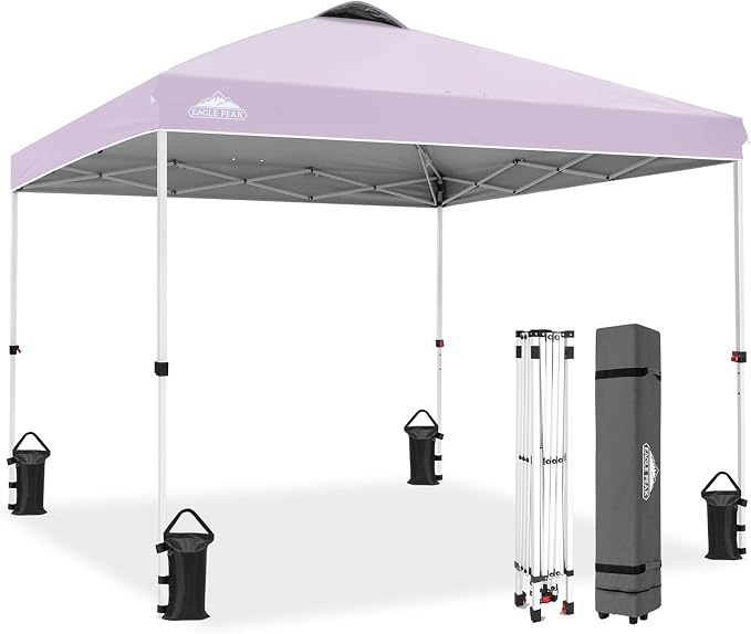 EAGLE PEAK Pop Up Canopy Tent with Wheeled Carry Bag, 8 Stakes, 4 Ropes, 4 Weight Bags, Easy Set Up Tent Canopy, 10x10 ft, 100sqft of Shade, Lilac