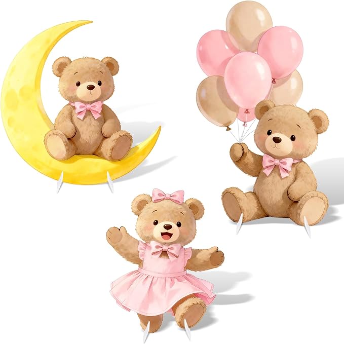 3Pcs Pink Bear Baby Shower Decorations, Large Moon Bear Cardboard Cutout Standup with Yard Stakes & Stands for Girls Bear Birthday Indoor Outdoor Photo Booth Props Cartoon Party Supplies