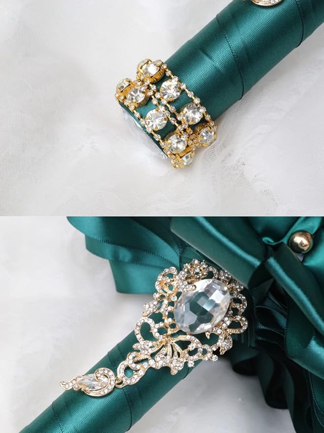 Emerald Green Bridal Wedding Bouquet Luxury Gold Rhinestone Brooch Bouquet for Bride Bridesmaid Quinceanera Satin Rose Artificial Flower Bouquet Wedding Emerald Green 9.5in