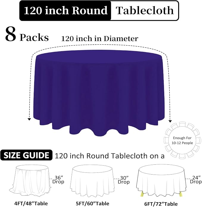 8 Pack Purple Round Tablecloth 120 Inch Wrinkle Resistant Round Purple Table Cloth Reusable and Washable Polyester Fabric for Holiday Buffet Wedding Party and Banquet