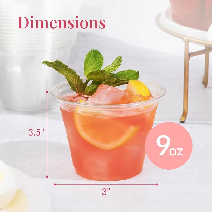 Prestee 50 Pack Plastic Cups - 9 oz Clear Disposable Cups for Cold Beverages, Cocktails, and Desserts - Durable Little Small Cup for Wine, Smoothies, Parties, Events, Catering, and Everyday Gatherings