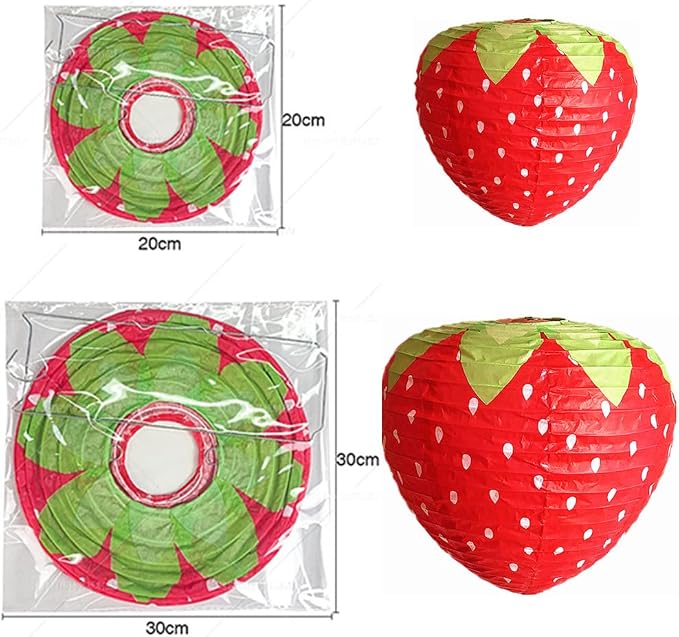 Folding Strawberry Paper Lantern Reusable Hanging Ornament Lamp Cover for Fruit Theme Birthday Party Decoration Supplies (8 and 12 inches;8pcs)