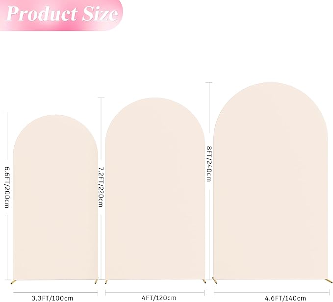 Wokceer Wedding Arch Backdrop Cover (8FT, 7.2FT, 6.6FT) Set of 3 Spandex Fitted Wedding Arch Stand Covers Round Top Chiara Backdrop Stands Cover for Birthday Party Ceremony Banquet Decor Beige